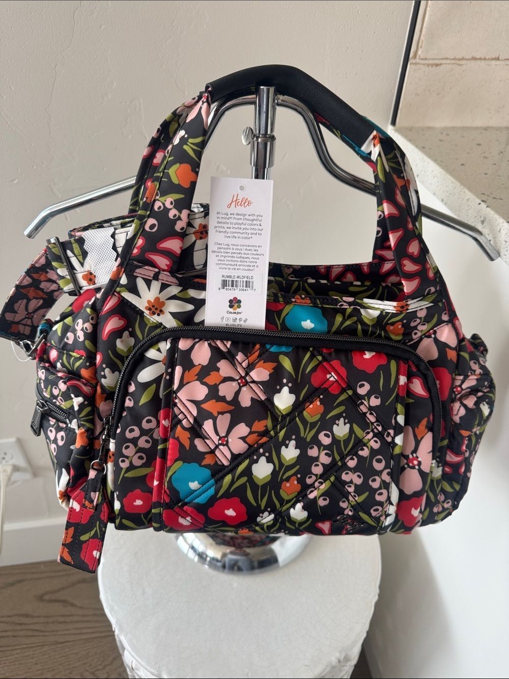 Lug RUMBLE Wild Field Black Floral Quilted Satchel Shoulder Bag Travel Casual